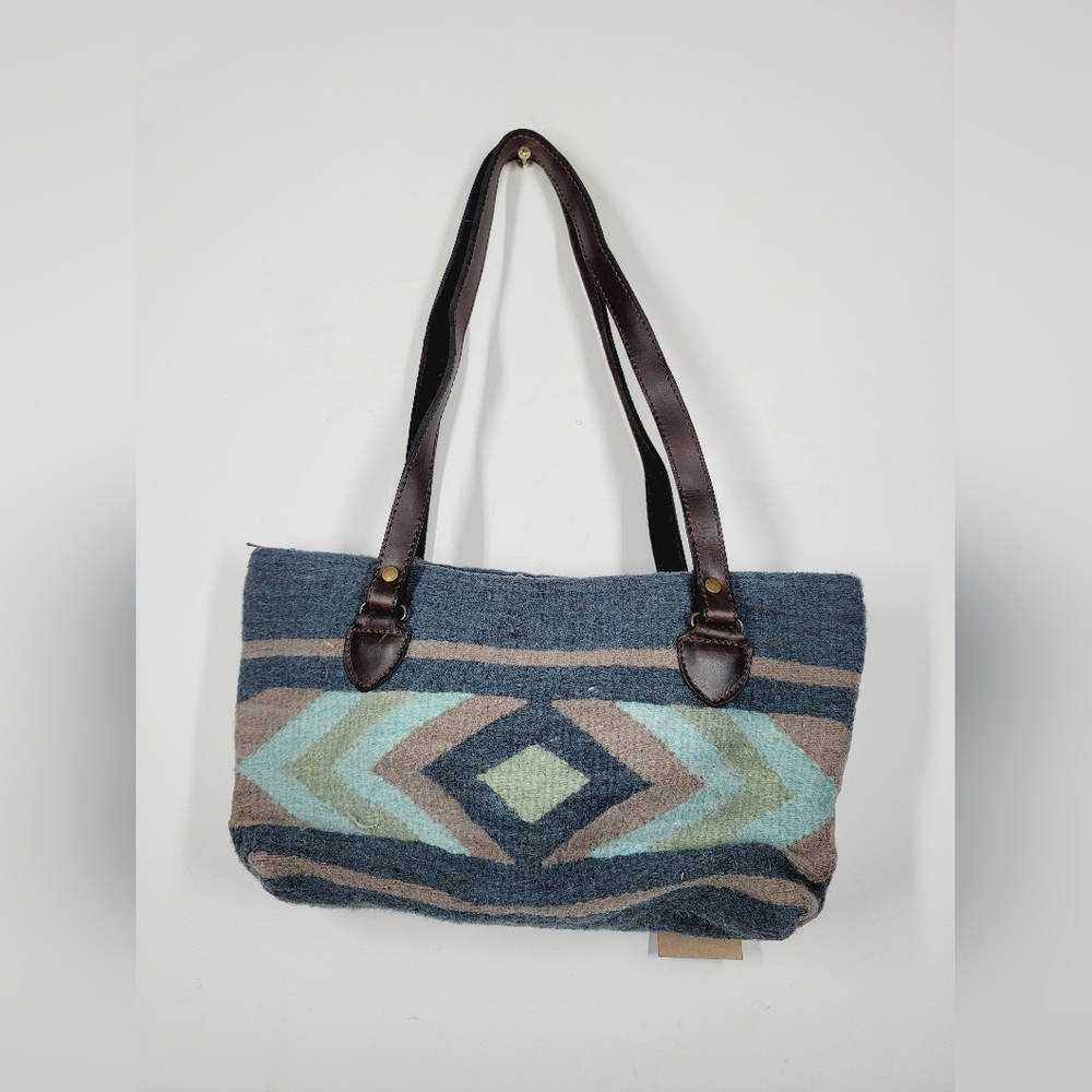 MZ Handcrafted Wool Tote Bag - Blue and Brown - Picture 3 of 4